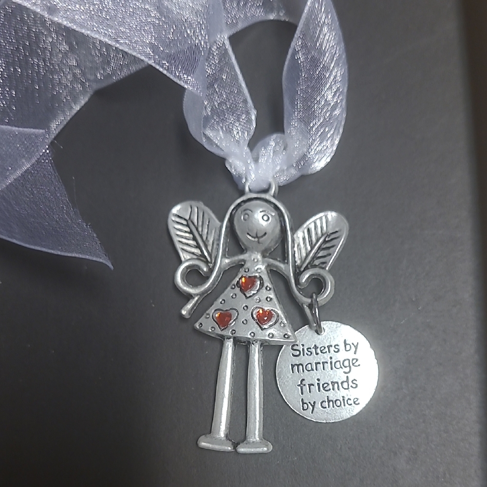 Sister Gift Silver "Sisters" Angel Pendant with Red Hearts